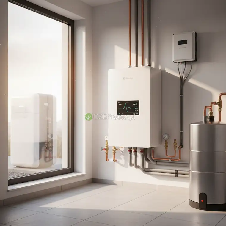 Schemat instalacji: pompa ciepła powietrze-woda z inwerterem współpracująca z ogrzewaniem podłogowym i fotowoltaiką w energooszczędnym domu