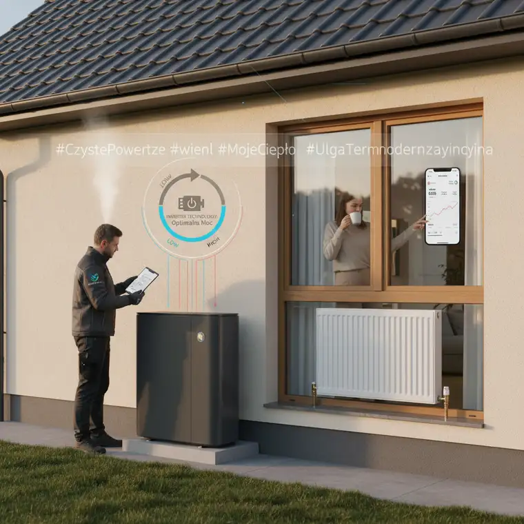 Schemat instalacji pompy ciepła powietrze–woda z inwerterem współpracującej z grzejnikami stalowymi w domu 140 m², z buforem i optymalną temperaturą zasilania