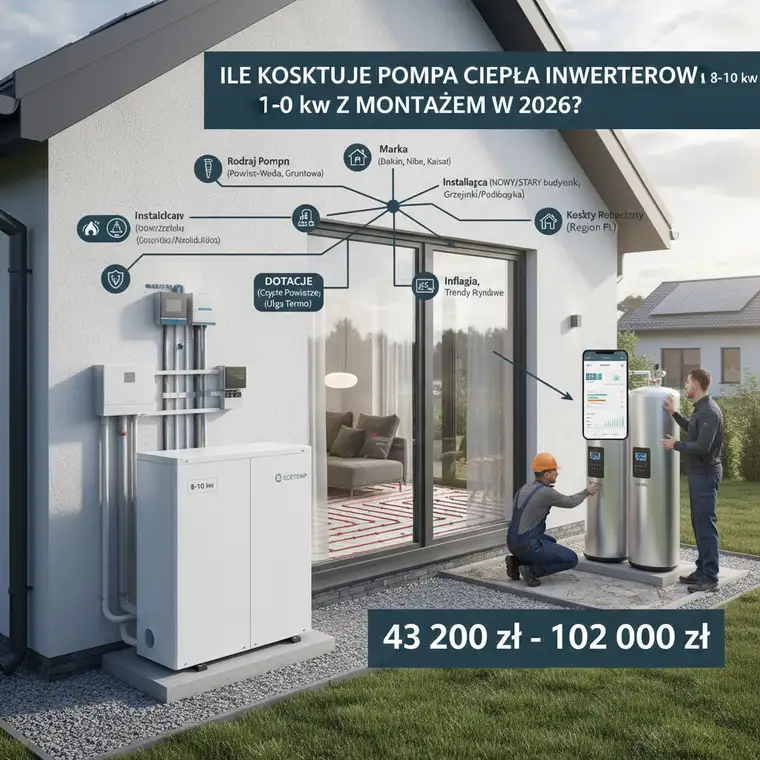 Widok jednostki zewnętrznej pompy ciepła powietrze–woda 8–10 kW przy domu jednorodzinnym, ilustrujący montaż, instalację i elementy wpływające na koszt w 2026 roku