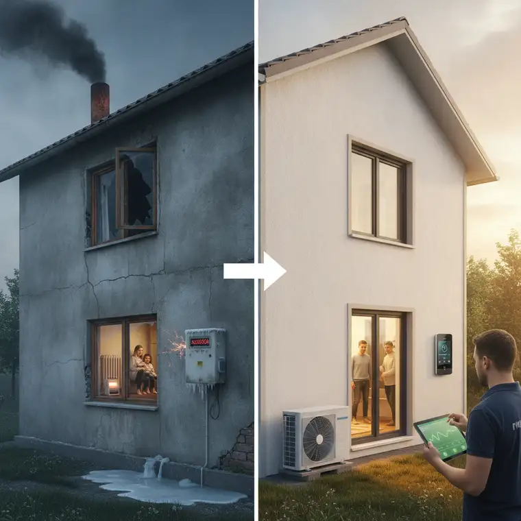 Schemat modernizacji ogrzewania w domu z lat 80 z pompą ciepła inwerterową i termomodernizacją budynku