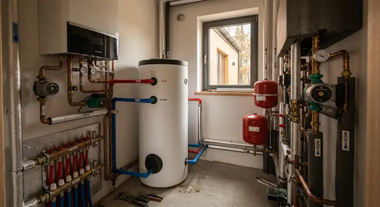 Schemat instalacji z buforem ciepła i pompą ciepła w małym domu, pokazujący współpracę z grzejnikami i ogrzewaniem podłogowym