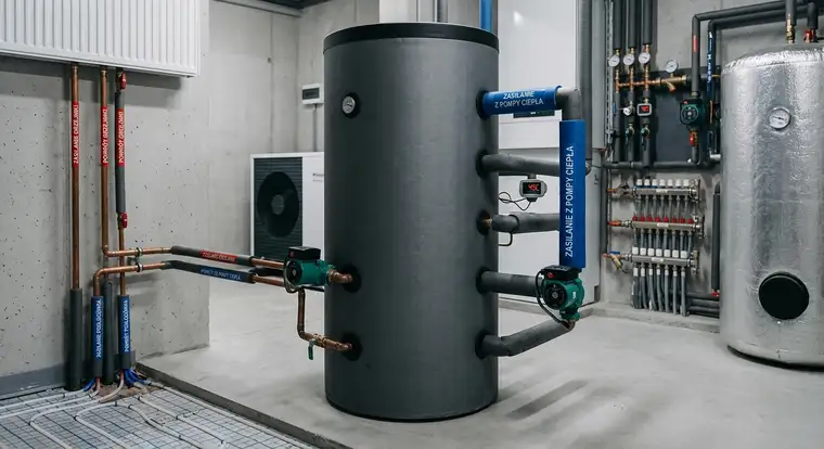 Przekrój bufora-sprzęgła hydraulicznego w instalacji podłogówka + grzejniki, stabilizacja pracy pompy ciepła i rozdział obiegów