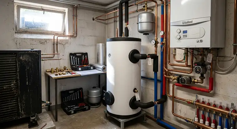 Kotłownia z pompą ciepła, kotłem gazowym i buforem 50–200 l – przykład montażu i integracji układu grzewczego
