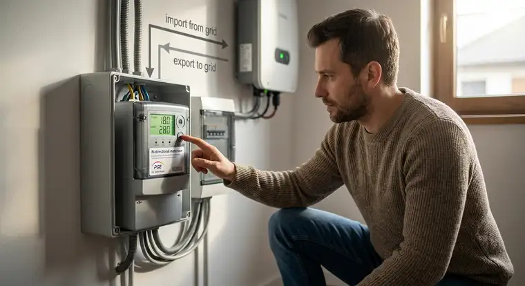 Panel z licznikiem dwukierunkowym, falownikiem i instalacją PV w domu jednorodzinnym, ilustrujący współpracę urządzeń i pomiar energii