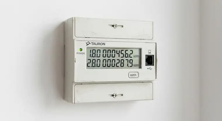 Schemat domu z instalacją fotowoltaiczną i licznikiem dwukierunkowym pokazujący przepływ energii do i z sieci oraz sposób rozliczania produkcji PV