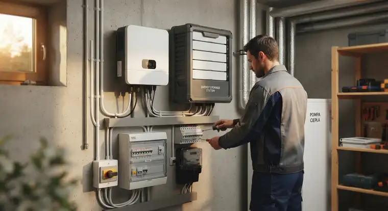 Praktyczny magazyn energii AC do fotowoltaiki 10 kW w pomieszczeniu gospodarczym - bateria LiFePO4 z zabezpieczeniami instalacji domowej