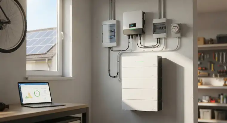 Magazyn energii LiFePO4 z systemem BMS i falownikiem hybrydowym w kotłowni domu z instalacją fotowoltaiczną