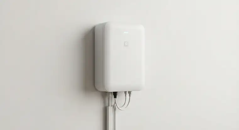 Domowy magazyn energii elektrycznej dla domu z ogniwami LiFePO4 i falownikiem hybrydowym przy ścianie garażu